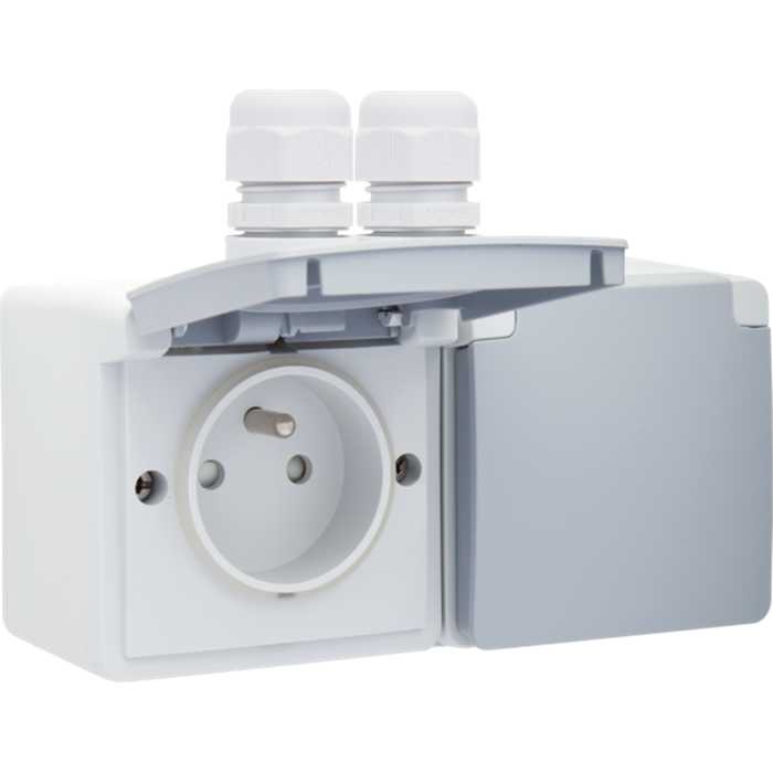 HYDRO - PRISE DOUBLE HORIZONTAL 2P+T 2 ENTREES GRIS IP55 HYDRO - PRISE DOUBLE HORIZONTAL 2P+T 2 ENTREES GRIS IP55