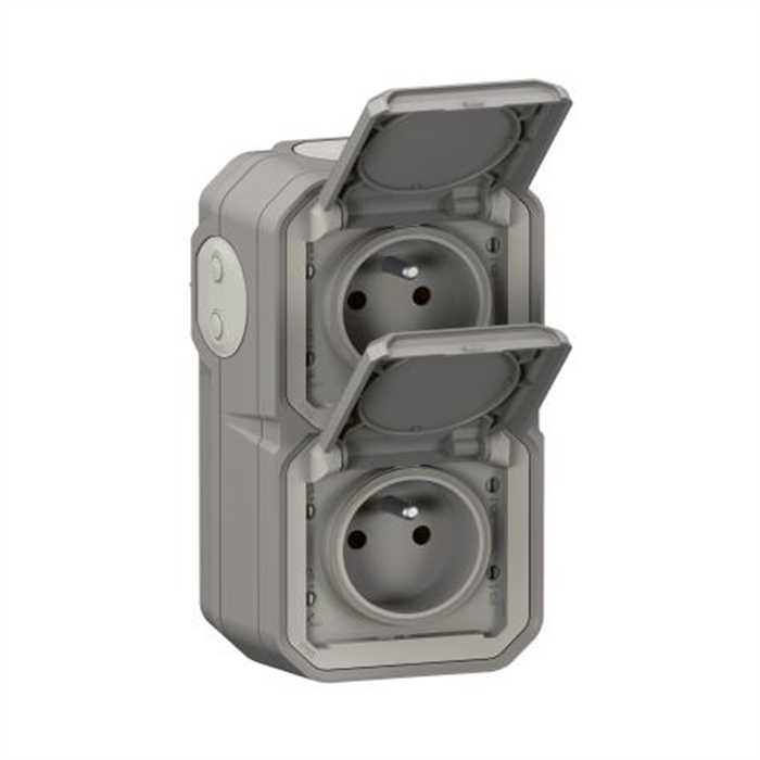 PLEXO GP - DOUBLE PRISE VERTICAL A VOLET GRIS IP55 PLEXO GP - DOUBLE PRISE VERTICAL A VOLET GRIS IP55